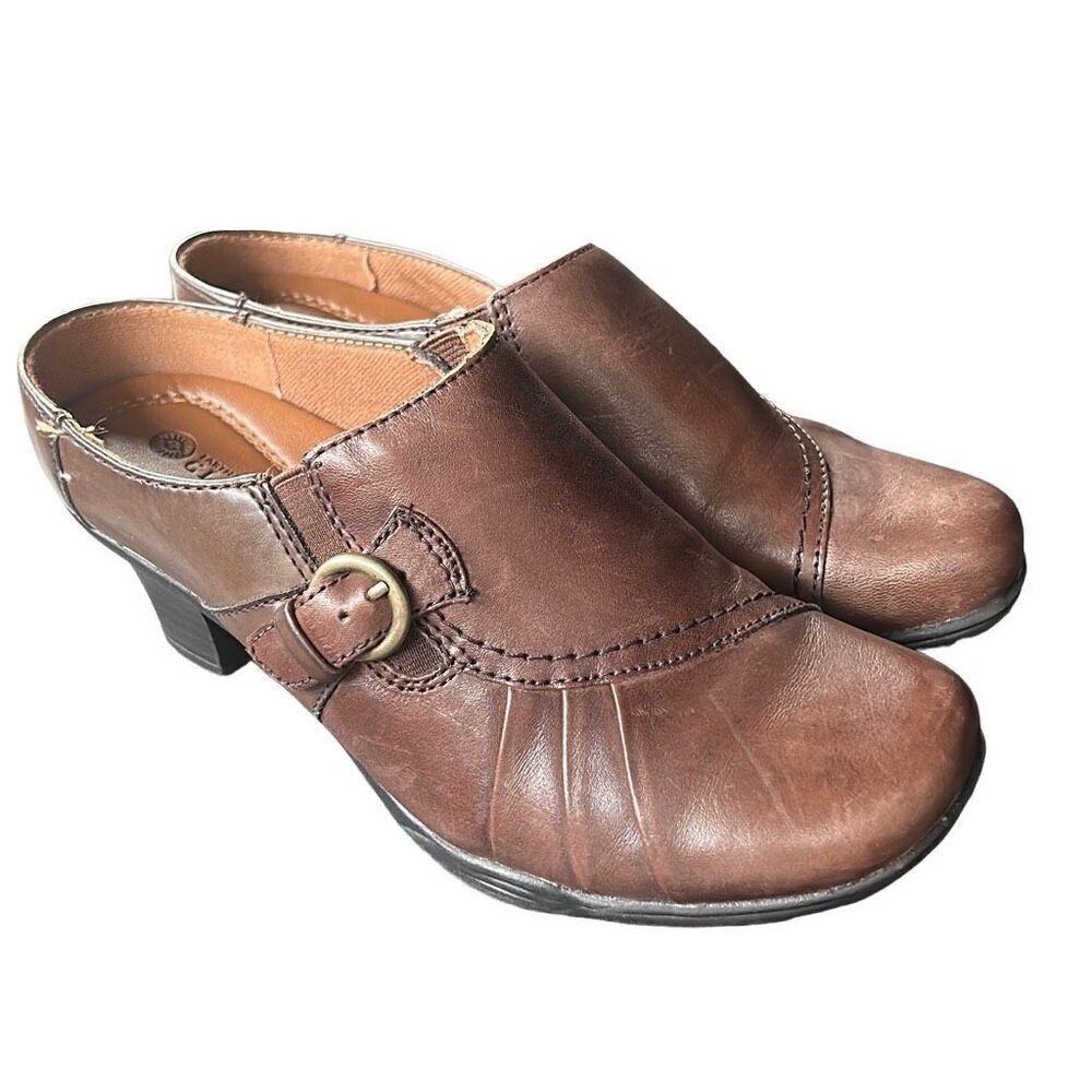 Earth Spirit Classics Brown Leather Buckle Mule Clogs Women's Size 6
